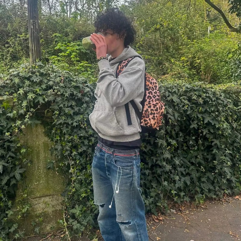 Y2K Gray Sports Hoodie Retro Smoke Print Sweater Men Women New Fashion Vintage Classic Hip Hop Streetwear Clothing Loose Jacket