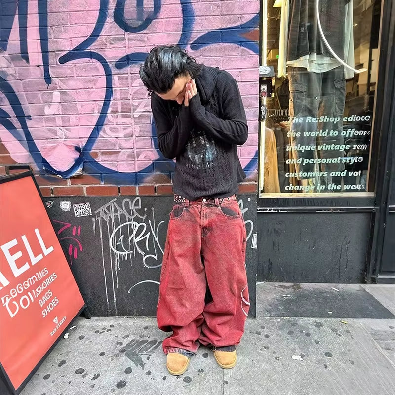 Y2K Casual Loose Jeans Vintage Letter Print Rivet Waist Belt Design Red High Waist Wide Leg Jeans Men Women Hip Hop Streetwear