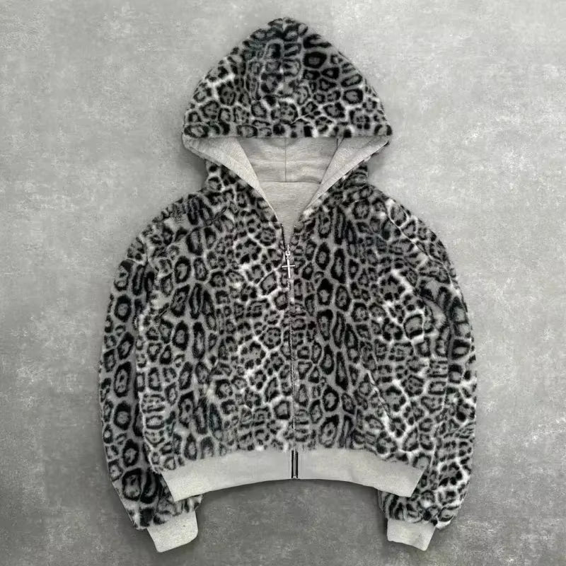 2025 Korean New Zipper Hoodie Double-Sided Jacket Retro Leopard Print Print Men'S Hip-Hop Casual Sweatshirt Couple Style