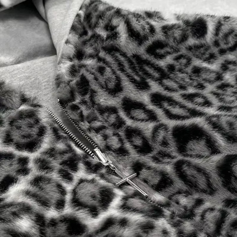 2025 Korean New Zipper Hoodie Double-Sided Jacket Retro Leopard Print Print Men'S Hip-Hop Casual Sweatshirt Couple Style