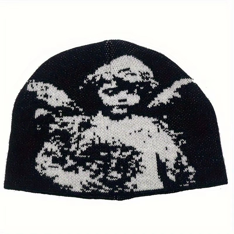 Angel Jacquard Beanie Black & White Edgeless Skull Cap Winter Hat for Women & Men Gothic Y2K Beanie for Everyday & Formal Events