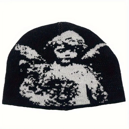 Angel Jacquard Beanie Black & White Edgeless Skull Cap Winter Hat for Women & Men Gothic Y2K Beanie for Everyday & Formal Events