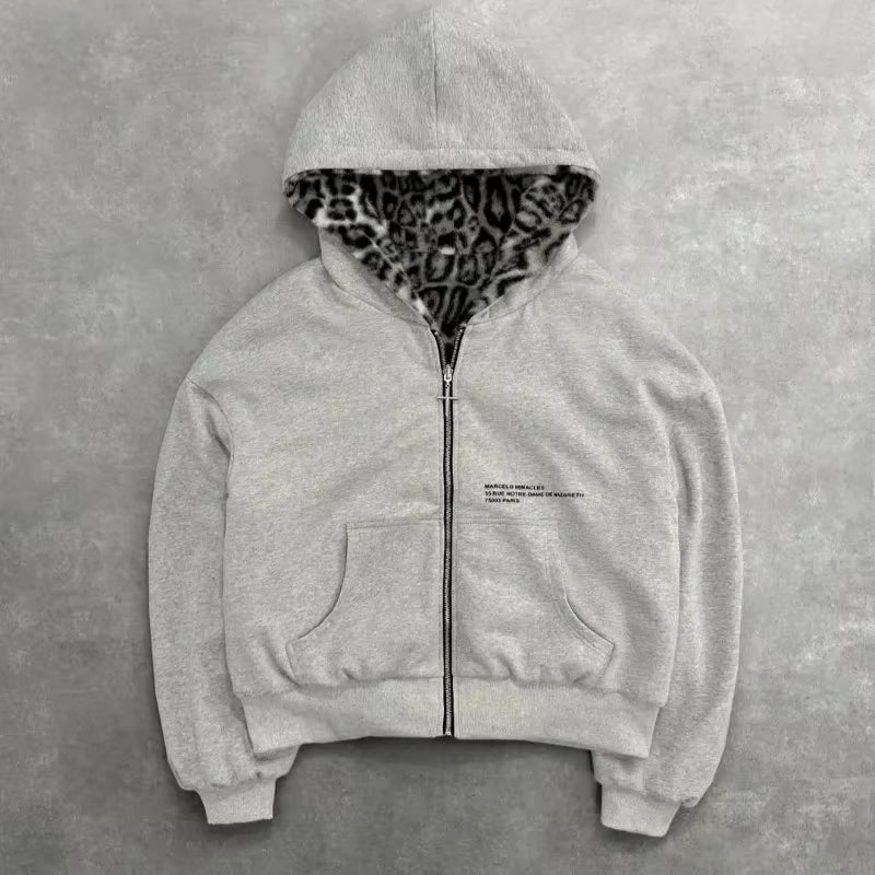 2025 Korean New Zipper Hoodie Double-Sided Jacket Retro Leopard Print Print Men'S Hip-Hop Casual Sweatshirt Couple Style