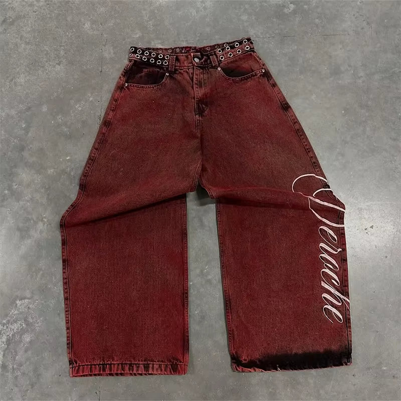 Y2K Casual Loose Jeans Vintage Letter Print Rivet Waist Belt Design Red High Waist Wide Leg Jeans Men Women Hip Hop Streetwear