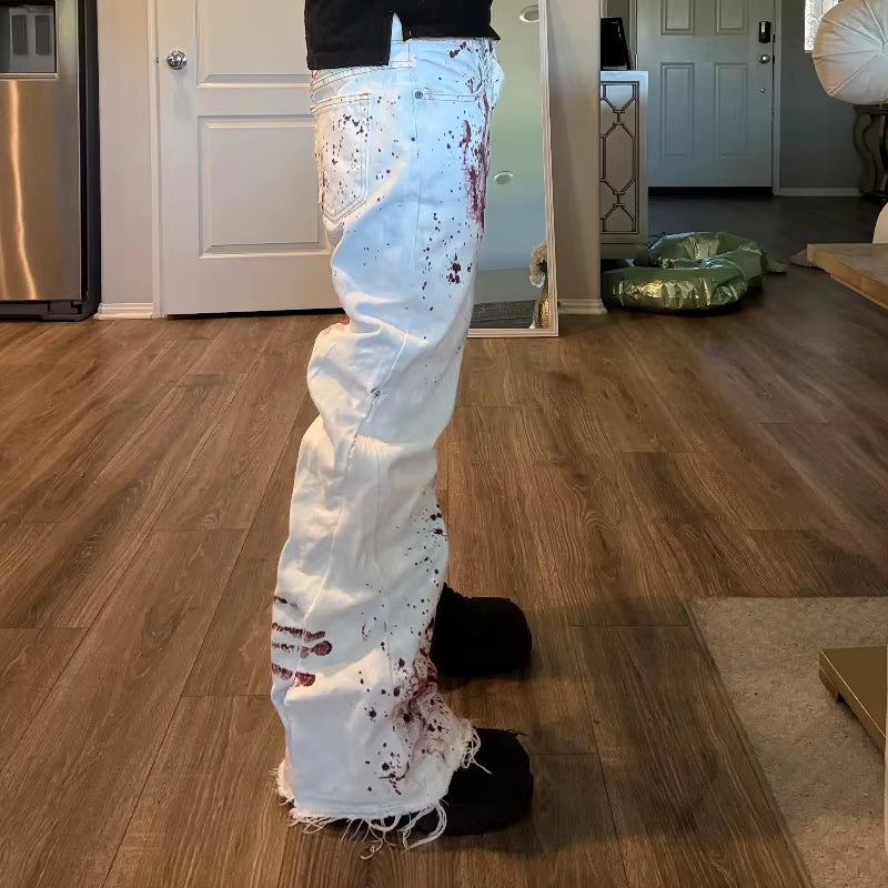 Y2K Harajuku White Men Baggy Jeans Retro Horror Blood Handprint Printed Fashionable High Street Hip Hop Unisex Wide Leg Pants