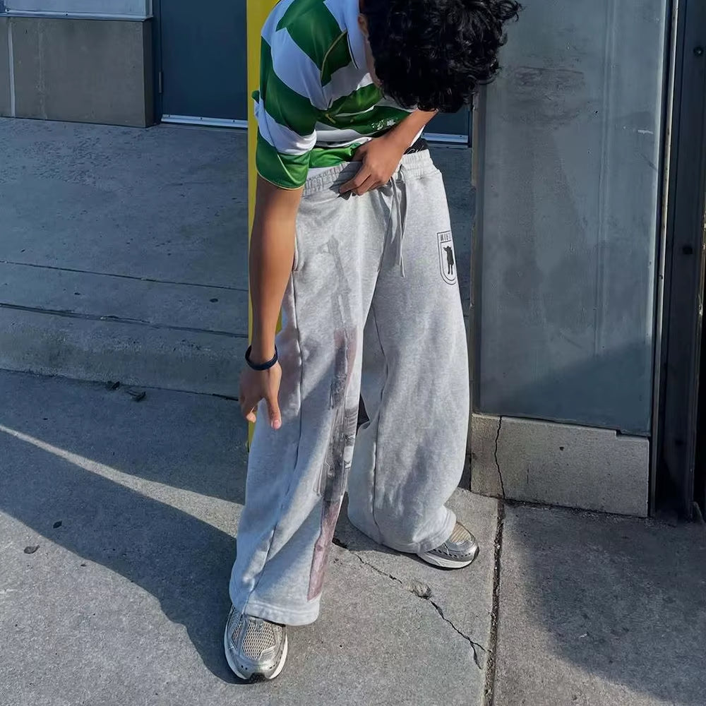 Y2K High-Waisted Printed Embroidered Street Guard Pants Spring Summer Casual Straight Leg Double Waist Design Fashionable