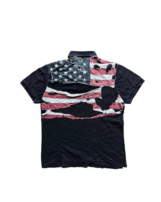 America Retro Flag Polo Shirt Streetwear Men Women Hip Hop Tear Patchwork Short Sleeve Shirt Y2K Cotton Top Baseball Clothing