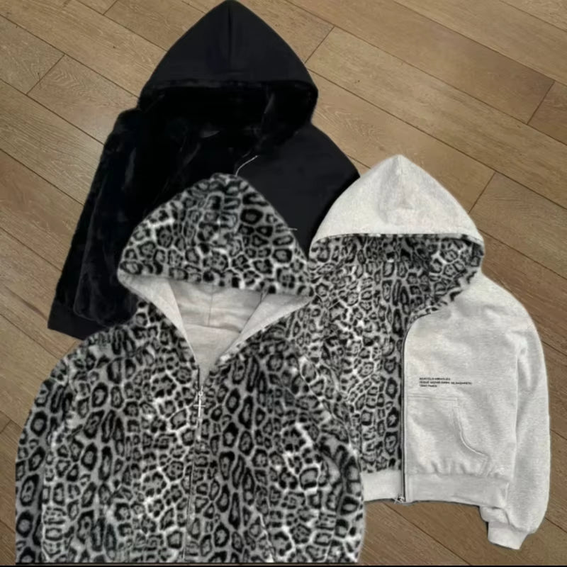 2025 Korean New Zipper Hoodie Double-Sided Jacket Retro Leopard Print Print Men'S Hip-Hop Casual Sweatshirt Couple Style