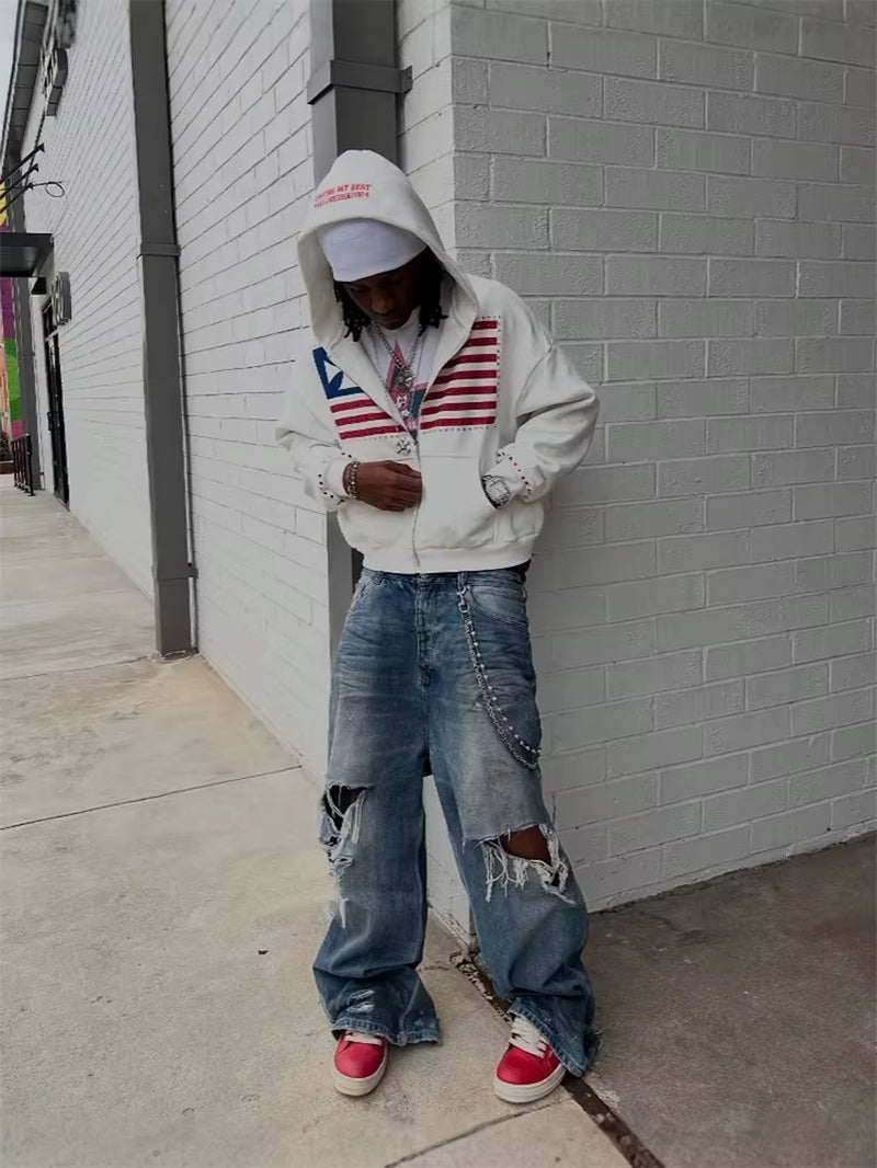 Autumn New National Flag Minimalist Design Color Collision Pattern Men Hooded Sweatshirt Harajuku Y2K Loose Zipper Sweatshirt