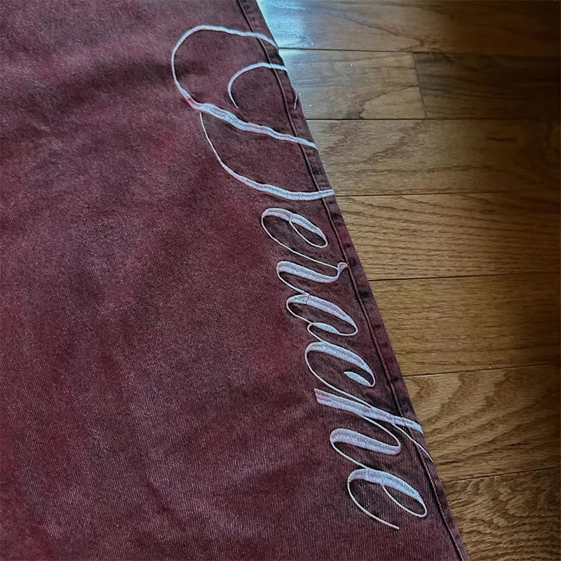 Y2K Casual Loose Jeans Vintage Letter Print Rivet Waist Belt Design Red High Waist Wide Leg Jeans Men Women Hip Hop Streetwear