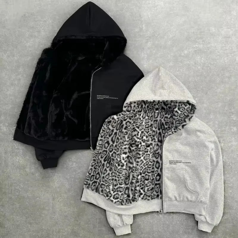 2025 Korean New Zipper Hoodie Double-Sided Jacket Retro Leopard Print Print Men'S Hip-Hop Casual Sweatshirt Couple Style
