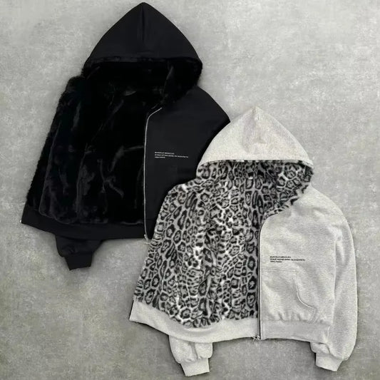 2025 Korean New Zipper Hoodie Double-Sided Jacket Retro Leopard Print Print Men'S Hip-Hop Casual Sweatshirt Couple Style