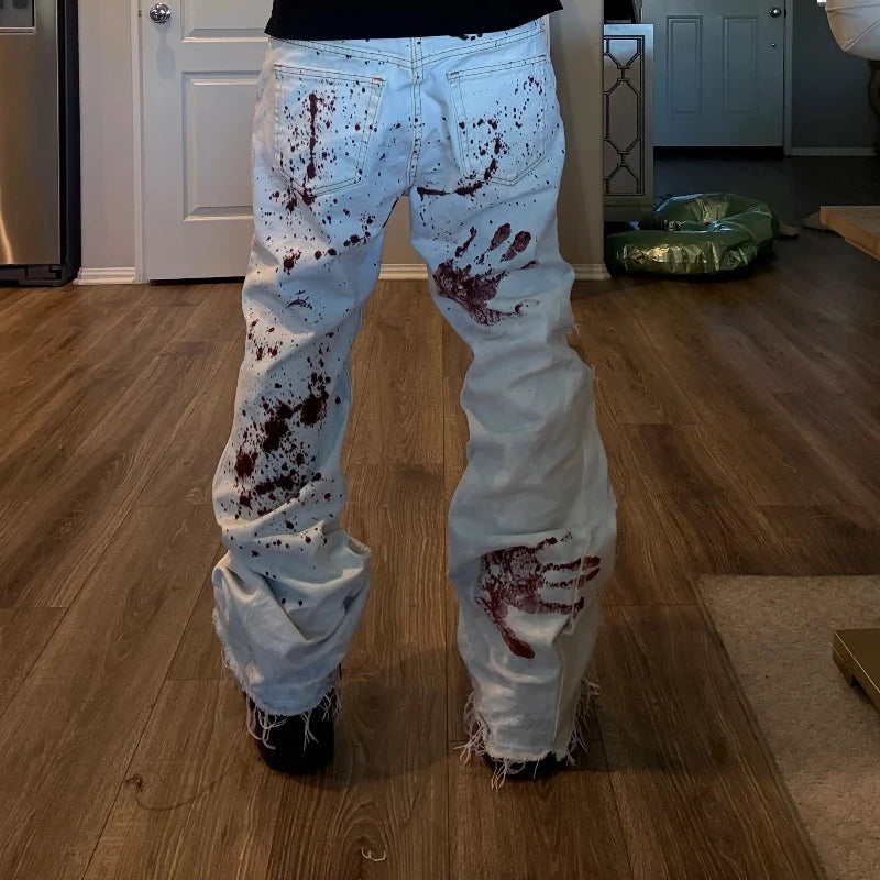 Y2K Harajuku White Men Baggy Jeans Retro Horror Blood Handprint Printed Fashionable High Street Hip Hop Unisex Wide Leg Pants