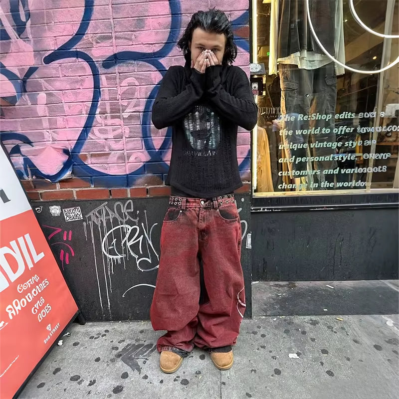 Y2K Casual Loose Jeans Vintage Letter Print Rivet Waist Belt Design Red High Waist Wide Leg Jeans Men Women Hip Hop Streetwear