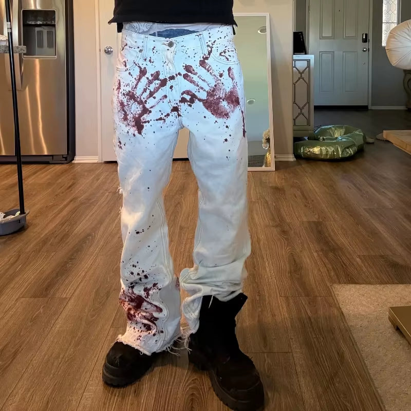 Y2K Harajuku White Men Baggy Jeans Retro Horror Blood Handprint Printed Fashionable High Street Hip Hop Unisex Wide Leg Pants
